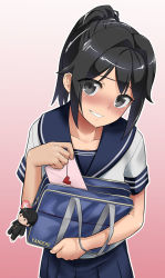 Rule 34 | 1girl, ayano aishi, bag, bag charm, black hair, blush, character charm, character doll, charm (object), collarbone, cowboy shot, eyebrows, gradient background, grey eyes, heart, letter, long hair, looking at viewer, love letter, pink background, pleated skirt, ponytail, school uniform, serafuku, short sleeves, simple background, skirt, smile, solo, taro yamada, wanao, yandere, yandere simulator