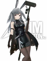 Rule 34 | 1girl, animal ears, arknights, arm strap, banxuan c2ka, bare shoulders, belt, black cape, black dress, black gloves, blush, breasts, brown pantyhose, cape, chromatic aberration, dress, feet out of frame, gloves, grey eyes, hammer, hand up, highres, holding, holding hammer, holding weapon, long hair, looking at viewer, medium breasts, pantyhose, rabbit ears, savage (arknights), short dress, silver hair, simple background, sleeveless, sleeveless dress, solo, standing, thighs, two side up, weapon, white background