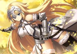 Rule 34 | 1girl, armor, armored dress, ashiwara yuu, bare shoulders, black thighhighs, blonde hair, blue eyes, breasts, closed mouth, commentary request, dress, dutch angle, fate/apocrypha, fate (series), fur-trimmed legwear, fur trim, gauntlets, hair between eyes, headpiece, holding, jeanne d&#039;arc (fate), jeanne d&#039;arc (ruler) (fate), jeanne d&#039;arc (third ascension) (fate), large breasts, long hair, looking at viewer, outstretched arm, solo, thighhighs, v-shaped eyebrows, very long hair, white dress