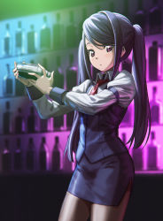 Rule 34 | alcohol, bartender, blue hair, blurry, blurry background, blush, bottle, brown pantyhose, closed mouth, glint, highres, hironii (hirofactory), jill stingray, long hair, necktie, pantyhose, puffy sleeves, purple eyes, red necktie, solo, twintails, va-11 hall-a