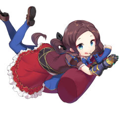 Rule 34 | 1girl, :q, ^ ^, aged down, black bow, blue bow, blue bowtie, blue eyes, blue gloves, blue pantyhose, blush, bow, bowtie, brown footwear, brown hair, brown jacket, child, closed eyes, closed mouth, elbow gloves, fate/grand order, fate (series), fingernails, food, gauntlets, gloves, hair bow, headpat, highres, holding, holding food, jacket, jehyun, legs up, leonardo da vinci (fate), leonardo da vinci (fate/grand order), leonardo da vinci (rider) (fate), long hair, long sleeves, lying, on stomach, pantyhose, parted bangs, pocky, puffy short sleeves, puffy sleeves, red skirt, shirt, shoes, short sleeves, sidelocks, simple background, single elbow glove, single gauntlet, skirt, smile, solo, star (symbol), tongue, tongue out, very long hair, white background, white shirt