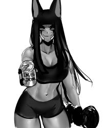 Rule 34 | 1girl, abs, absurdres, animal ears, anput (nsfwolf), bandaid, bandaid on cheek, bandaid on face, black hair, black shirt, blunt bangs, blunt ends, breasts, can, exercising, greyscale, highres, holding, holding can, large breasts, midriff, monochrome, multicolored hair, nsfwolf, original, shirt, sports bra, sportswear, toned, two-tone hair, weightlifting, weights
