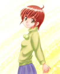 Rule 34 | 1girl, ahoge, arms behind back, blue skirt, blush, breasts, brown eyes, brown hair, chunpai, female focus, light smile, long sleeves, looking at viewer, original, own hands clasped, own hands together, pleated skirt, short hair, skirt, small breasts, smile, solo, sweater