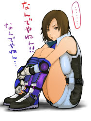 Rule 34 | ..., 1girl, boots, breasts, brown eyes, brown hair, elbow pads, female focus, fingerless gloves, gloves, hand guard, hawk (cwmg), jumpsuit, kazama asuka, knee boots, knees to chest, large breasts, pout, short hair, sitting, solo, tekken