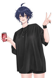 Rule 34 | 1girl, absurdres, black nails, black shirt, black shorts, black wristband, blue hair, can, coca-cola, cowboy shot, deroo, drink can, earrings, eyeliner, hair between eyes, highres, jewelry, long neck, makeup, natsumi (deroo), necklace, original, oversized clothes, oversized shirt, parted lips, product placement, red eyeliner, shirt, short hair, shorts, soda can, solo, teeth, upper teeth only, v, yellow eyes