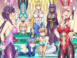 Rule 34 | 6+girls, ahoge, animal ears, artoria pendragon (all), artoria pendragon (fate), artoria pendragon (swimsuit ruler) (fate), artoria pendragon (swimsuit ruler) (fate) (cosplay), asymmetrical hair, black-framed eyewear, black bow, black hair, blue eyes, blue neckwear, blue pantyhose, blue ribbon, bow, braid, card, casino card table, clothing cutout, cosplay, dark-skinned female, dark skin, detached collar, earrings, egyptian, facepaint, facial mark, fake animal ears, fate/grand order, fate (series), feather boa, fishnet pantyhose, fishnets, french braid, glasses, gluteal fold, hair ornament, hand gesture, highres, hoop earrings, jackal ears, jeanne d&#039;arc (fate), jeanne d&#039;arc (ruler) (fate), jeanne d&#039;arc (swimsuit archer) (fate), jeanne d&#039;arc (swimsuit archer) (second ascension) (fate), jewelry, leotard, long hair, looking at viewer, low-tied long hair, meltryllis (fate), miyamoto musashi (fate), miyamoto musashi (fate/grand order), miyamoto musashi (swimsuit berserker) (fate), multiple girls, navel cutout, necktie, nitocris (fate), okita souji (fate), okita souji (koha-ace), open mouth, osakabehime (fate), pantyhose, pink hair, playboy bunny, playing card, poker table, ponytail, purple eyes, purple hair, rabbit ears, rabbit tail, revealing clothes, ribbon, sleeves past fingers, sleeves past wrists, table, tail, twintails, upside-down, very long hair, very long sleeves, white leotard, wrist cuffs, yakisobapan tarou &amp; negitoro-ko