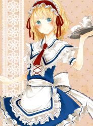 Rule 34 | 1girl, 817nono, adapted costume, alice margatroid, apron, bad id, bad pixiv id, blonde hair, blue eyes, blush, bow, capelet, cup, female focus, hairband, highres, looking at viewer, maid, maid apron, necktie, nonomiya (817nono), short hair, short sleeves, smile, solo, teacup, teapot, touhou