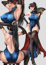 Rule 34 | 1girl, armpits, arms up, ass, backless dress, backless outfit, black hair, black thighhighs, blue dress, breasts, china dress, chinese clothes, dress, grey background, hand fan, hand on own hip, highres, holding, holding fan, large breasts, long hair, multiple views, nail polish, pelvic curtain, ponytail, red nails, sadakage, sitting, sleeveless, sleeveless dress, stool, thighhighs, thighs