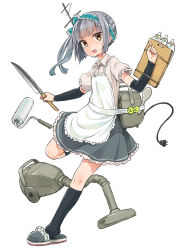 Rule 34 | &gt;:o, 10s, 1girl, :o, antennae, apron, baby bottle, black skirt, black socks, blouse, blunt bangs, bottle, bow, brown eyes, cable, detached sleeves, dual wielding, electric plug, eyebrows, flower, frilled sleeves, frills, full body, grey hair, headband, holding, holding knife, kantai collection, kasumi (kancolle), kneehighs, knife, looking at viewer, maid headdress, nukoosama, open mouth, paint roller, ponytail, rice cooker, shamoji, shirt, short sleeves, side ponytail, simple background, skirt, slippers, socks, solo, spoon, tsurime, v-shaped eyebrows, vacuum cleaner, white background