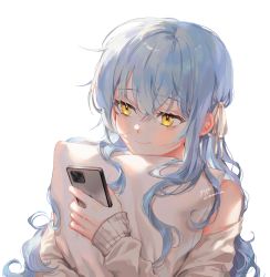 Rule 34 | 1girl, bare shoulders, blue hair, blush, cellphone, closed mouth, commission, hair between eyes, hair ribbon, highres, holding, holding phone, long hair, long sleeves, looking away, hugging object, off shoulder, original, phone, pillow, pillow hug, ribbon, shirt, simple background, sleeves past wrists, smile, solo, white background, white ribbon, white shirt, ye jji, yellow eyes