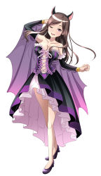 Rule 34 | 1girl, ;d, animal ears, arm behind head, bare legs, bare shoulders, bat costume, bat ears, bat wings, beatrice (princess principal), black detached sleeves, black dress, black hairband, breasts, brown hair, cleavage, collarbone, cross-laced clothes, cross-laced dress, detached sleeves, dress, fake animal ears, female focus, floating hair, frilled dress, frilled sleeves, frills, full body, hairband, hand up, head tilt, high heels, highres, large breasts, legs, long hair, multicolored clothes, multicolored dress, navel, neck, one eye closed, open mouth, pink eyes, princess principal, purple dress, purple footwear, simple background, smile, solo, standing, strapless, strapless dress, taniguchi gou, white background, wings, wink