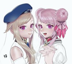 Rule 34 | 2girls, blonde hair, close-up, double bun, fang, holding hands, hat, highres, himehina channel, interlocked fingers, looking at viewer, multiple girls, nanja, open mouth, pink hair, purple eyes, sketch, suzuki hina, tanaka hime, virtual youtuber