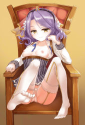 Rule 34 | 1girl, bad id, bad pixiv id, breasts, cameltoe, chair, feet, frilled panties, frills, garter straps, highres, hms juno (zhan jian shao nyu), juno (warship girls r), looking at viewer, nipples, no pants, no shoes, panties, purple hair, sitting, small breasts, smile, soles, solo, thighhighs, underwear, warship girls r, white panties, white thighhighs, yellow eyes, yuemanhuaikong