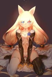 Rule 34 | 1girl, absurdly long hair, absurdres, animal ears, asymmetrical legwear, black footwear, blonde hair, blue eyes, boots, cat ears, commentary request, dark background, detached collar, flower, full body, g41 (girls&#039; frontline), girls&#039; frontline, gloves, heterochromia, highres, horz, long hair, looking at viewer, low-tied long hair, mismatched legwear, navel, panties, partial commentary, red eyes, shirt, sitting, solo, thigh boots, thighhighs, twintails, underwear, very long hair, wariza, white panties, white shirt, white thighhighs