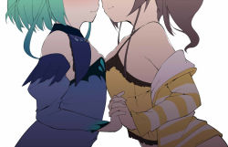 Rule 34 | 2girls, bare shoulders, blue dress, blush, breast press, breasts, brown hair, camisole, detached collar, dress, frilled camisole, frills, green hair, halterneck, head out of frame, holding hands, hololive, jacket, multiple girls, natsuiro matsuri, natsuiro matsuri (1st costume), natsuiro matsuri (matsuri&#039;s day off), off shoulder, orange jacket, short hair, side ponytail, sidelocks, skull ornament, small breasts, smile, striped clothes, striped jacket, symmetrical docking, terazip, uruha rushia, uruha rushia (1st costume), virtual youtuber, yellow camisole, yuri
