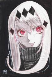 Rule 34 | 10s, 1girl, abyssal ship, aircraft carrier water oni, black background, eyelashes, hairband, head tilt, high collar, highres, kantai collection, lips, long hair, looking at viewer, mixed media, painting (medium), portrait, red eyes, signature, simple background, solo, tesun (g noh), traditional media, upper body, watercolor (medium), white hair