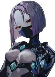 Rule 34 | 1girl, absurdres, albino (a1b1n0623), armor, black armor, black eyes, bodysuit, breasts, fate/grand order, fate/samurai remnant, fate (series), grey bodysuit, highres, looking at viewer, mask, medium breasts, minamoto no raikou (fate), mouth mask, neon trim, parted bangs, purple hair, short hair, solo, ushi gozen (avenger) (fate), ushi gozen (fate), ushi gozen (fate/samurai remnant)