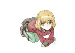 Rule 34 | 10s, 1girl, all fours, alternate costume, arm support, artist name, bad id, bad twitter id, black footwear, black skirt, blonde hair, blue eyes, boots, closed eyes, cwind, epaulettes, frown, full body, girls und panzer, green pantyhose, jacket, katyusha (girls und panzer), long sleeves, looking at viewer, military, military uniform, miniskirt, pantyhose, parted lips, pleated skirt, red jacket, short hair, signature, simple background, skirt, solo, st. gloriana&#039;s military uniform, uniform
