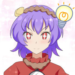 Rule 34 | + +, 1girl, anime coloring, blush, cato (monocatienus), commentary request, hair ornament, light bulb, looking at viewer, pink background, portrait, purple hair, red eyes, red shirt, rope, shirt, short hair, simple background, smile, solo, sparkle, touhou, v-shaped eyebrows, yasaka kanako