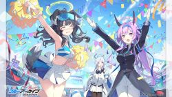Rule 34 | 3girls, animal ears, black hair, blue archive, breasts, cheerleader, cleavage, closed eyes, cloud, confetti, day, dog ears, dog girl, dog tail, gloves, goggles, goggles on head, grey hair, halo, headgear, hibiki (blue archive), hibiki (cheer squad) (blue archive), holding, holding pom poms, kodamazon, large breasts, logo, long hair, long sleeves, medium breasts, millennium cheerleader outfit (blue archive), multiple girls, noa (blue archive), official art, open mouth, outdoors, pleated skirt, pom pom (cheerleading), pom pom (clothes), pom poms, ponytail, purple eyes, purple hair, skirt, sky, stadium, tail, utaha (blue archive), utaha (cheer squad) (blue archive), very long hair, white gloves, white skirt