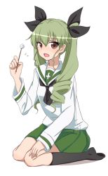 Rule 34 | 10s, 1girl, anchovy (girls und panzer), black neckerchief, black ribbon, black socks, blouse, chawan (yultutari), commentary request, drill hair, full body, girls und panzer, green hair, green skirt, hair ribbon, highres, holding, long hair, long sleeves, looking at viewer, mimikaki, miniskirt, neckerchief, no shoes, ooarai school uniform, open mouth, pleated skirt, red eyes, ribbon, school uniform, serafuku, shirt, simple background, sitting, skirt, socks, solo, twin drills, twintails, wariza, white background, white shirt