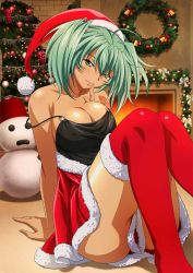 Rule 34 | 00s, 1girl, bare shoulders, blush, breasts, christmas, cleavage, female focus, green eyes, green hair, highres, ikkitousen, large breasts, looking at viewer, matching hair/eyes, official art, ryofu housen, sitting, smile, solo, twintails