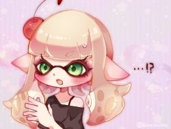 Rule 34 | !?, 1girl, artist name, black bra, black shirt, blonde hair, blunt bangs, blush, bra, bra strap, cherry hair ornament, collarbone, crescent, fang, female focus, flat chest, food-themed hair ornament, green eyes, hair ornament, hand up, inkling, inkling girl, inkling player character, long hair, nintendo, open mouth, pointy ears, purple background, shira (sirairo116), shirt, short sleeves, sidelocks, signature, single bare shoulder, solo, splatoon (series), star (symbol), striped, striped background, suction cups, surprised, sweat, teeth, tentacle hair, tentacles, twintails, twitter username, underwear, upper body