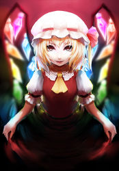 Rule 34 | 1girl, ascot, blonde hair, blurry, crystal, flandre scarlet, glowing, gradient background, hat, hat ribbon, highres, looking at viewer, mob cap, open mouth, puffy sleeves, red eyes, ribbon, shirt, short hair, short sleeves, side ponytail, skirt, skirt hold, skirt set, smile, solo, tongue, tongue out, touhou, ttc, vest, wings