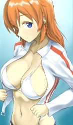 Rule 34 | 1girl, bikini, blue background, blue eyes, blue shorts, breasts, brown hair, charlotte e. yeager, cleavage, closed mouth, collarbone, fankupl, highres, jacket, large breasts, long hair, looking at viewer, navel, open clothes, open jacket, shiny skin, short shorts, shorts, simple background, smile, solo, strike witches, swimsuit, upper body, white bikini, world witches series
