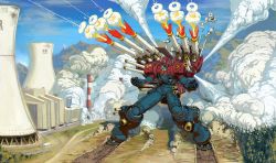 Rule 34 | blue eyes, clenched hands, commentary, english commentary, firing, highres, king salmon, mecha, mountain, no humans, original, robot, science fiction, shoulder cannon, sky, smoke, smokestack, solo