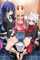 Rule 34 | 3girls, absurdres, bathroom, blind, blonde hair, blue eyes, blue hair, blunt bangs, bongfill, breasts, chainsaw man, colored inner hair, commentary, crossover, demon girl, demon horns, gloves, helltaker, highres, horns, justice (helltaker), large breasts, long hair, looking at viewer, medium breasts, multicolored hair, multiple crossover, multiple girls, necktie, panty &amp; stocking with garterbelt, pink hair, pink shirt, power (chainsaw man), red gloves, red horns, sharp teeth, shirt, short hair, shorts, sitting, smile, spread legs, stocking (psg), striped clothes, striped thighhighs, teeth, thighhighs, toilet, two-tone hair, white hair, yellow eyes