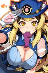 Rule 34 | 1girl, animal ears, black hair, blonde hair, blue headwear, blush, breasts, character request, cleavage, fang, gloves, heart, large breasts, leaning forward, long hair, mouth hold, necktie, orange eyes, salute, see-through, see-through sleeves, short sleeves, simple background, star (symbol), tsukinami kousuke, white background, white gloves, world flipper