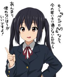 Rule 34 | 1girl, black hair, blazer, brown eyes, commentary request, index finger raised, jacket, k-on!, long hair, nakano azusa, neck ribbon, red ribbon, ribbon, sakuragaoka high school uniform, school uniform, simple background, solo, translation request, twintails, upper body, watanore, white background