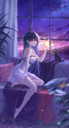 Rule 34 | 1girl, absurdres, ahoge, animal, bare arms, bare legs, bare shoulders, barefoot, black bow, black cat, blanket, blush, book, bow, breasts, bug, butterfly, cat, cellphone, commentary request, couch, curtains, evening, frills, full body, glowing butterfly, highres, indoors, insect, long hair, medium breasts, ocean, on couch, open book, original, parted lips, phone, pillow, purple eyes, purple hair, shooting star, sitting, sky, sleeveless, smartphone, solo, spaghetti strap, star (sky), starry sky, sunset, very long hair, window, yelan xing xuan