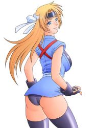 Rule 34 | blonde hair, blue eyes, breasts, headband, japanese clothes, large breasts, leotard, looking back, martial champion, racheal, thighhighs