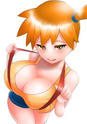 Rule 34 | 1girl, absurdres, alternate breast size, artist request, bare shoulders, blue shorts, blush, breasts, breasts focus, cleavage, creatures (company), denim, denim shorts, female focus, game freak, hair ornament, highres, large breasts, lips, misty (pokemon), nintendo, orange eyes, orange hair, pokemon, pokemon (anime), pokemon (classic anime), rubber band, shiny clothes, shiny skin, short hair, short ponytail, short shorts, shorts, side ponytail, smile, solo, suspenders, tank top, thick thighs, thighs, tomboy, white background