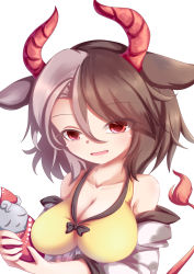 Rule 34 | 1girl, absurdres, animal ears, bare shoulders, breasts, brown hair, cleavage, collarbone, cow ears, cow horns, cow tail, detached sleeves, dior-zi, eyes visible through hair, hair between eyes, hair over one eye, halterneck, head tilt, highres, holding, horns, large breasts, light purple hair, looking at viewer, multicolored hair, open mouth, red eyes, shirt, short hair, simple background, solo, split-color hair, statue, tail, touhou, two-tone hair, upper body, ushizaki urumi, white background, yellow shirt