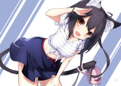 Rule 34 | 1girl, :d, absurdres, ahoge, animal ear fluff, animal ears, bag, belt, bent over, black hair, black wristband, blue background, blue shirt, blue skirt, blue stripes, blush, cowboy shot, crop top, fang, hair between eyes, hair over shoulder, hand on own thigh, hand up, handbag, highres, holding, holding bag, holding with tail, long hair, looking at viewer, mayogii, miniskirt, multicolored shirt, navel, open mouth, original, pink bag, prehensile tail, red belt, salute, shirt, short sleeves, signature, simple background, skin fang, skirt, smile, solo, standing, striped clothes, striped shirt, tail, white background, white shirt, yellow eyes
