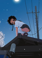 Rule 34 | 00s, 1girl, anpan, ass, black eyes, black hair, braid, cherry blossoms, food, from below, houmitsu, looking back, looking down, minagi mikoto, moon, mouth hold, my-hime, no panties, petals, power lines, rooftop, school uniform, serafuku, solo, squatting, thighhighs, twin braids, utility pole, white thighhighs
