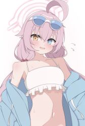 Rule 34 | 1girl, ahoge, bikini, blue archive, blue jacket, blush, collarbone, eyewear on head, fang, flying sweatdrops, frilled bikini, frills, hair between eyes, halo, heterochromia, highres, hoshino (blue archive), hoshino (swimsuit) (blue archive), jacket, long hair, looking at viewer, official alternate costume, open mouth, pink hair, pink halo, revision, ruo (wakasagi c), simple background, smile, solo, sunglasses, swimsuit, white background, white bikini, yellow eyes