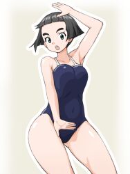 Rule 34 | 1girl, arm up, black eyes, black hair, blue one-piece swimsuit, blunt bangs, blunt ends, bob cut, commentary, cowboy shot, girls und panzer, looking at viewer, one-piece swimsuit, open mouth, school swimsuit, short hair, solo, standing, swimsuit, uenishi chiyoko, yass hero