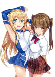 Rule 34 | 2girls, :d, adjusting hair, arm behind back, armpits, arms up, asymmetrical docking, bare shoulders, blonde hair, blue eyes, blush, bow, bowtie, breast press, breasts, brown hair, covered erect nipples, detached sleeves, dress, fingernails, from side, gloves, hair between eyes, hair ornament, hair ribbon, halterneck, hand in own hair, hisasi, impossible clothes, impossible dress, large breasts, long fingernails, long hair, looking at viewer, miniskirt, multiple girls, open mouth, plaid, plaid skirt, red eyes, ribbon, school uniform, shirt, short dress, short sleeves, simple background, skirt, sleeves past wrists, smile, standing, twintails, union!, very long hair, wavy mouth, white background