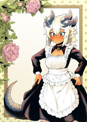 Rule 34 | 1girl, apron, black dress, blush, brown eyes, closed mouth, commentary request, dark-skinned female, dark skin, dragon girl, dragon horns, dragon tail, dress, dungeon no osananajimi, embarrassed, fang, flower, full-face blush, highres, horns, kuma yasuhisa, maid, maid apron, multiple horns, pink flower, pink rose, pointy ears, rose, ryuuka obsidian, short hair, solo, sweatdrop, tail, wavy mouth, white apron, white hair