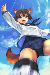 Rule 34 | 1girl, animal ears, brown eyes, brown hair, cloud, female focus, hungry clicker, looking at viewer, miyafuji yoshika, open mouth, outdoors, school swimsuit, school uniform, short hair, sky, smile, solo, spread legs, strike witches, swimsuit, swimsuit under clothes, tail, world witches series