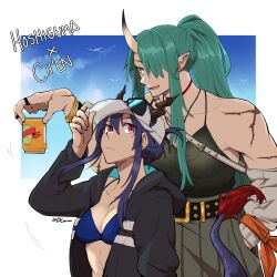 Rule 34 | 2girls, arknights, baseball cap, belt, bikini, black belt, black shirt, blue bikini, blue hair, breasts, can, ch&#039;en (arknights), ch&#039;en the holungday (arknights), character name, choker, cleavage, dlanon, dragon girl, dragon horns, dragon tail, eyewear on headwear, folded ponytail, fur-tipped tail, green hair, grey skirt, hair between eyes, hair over one eye, hand in pocket, hand on headwear, hand up, hat, height difference, holding, holding can, hood, hood down, hooded jacket, horns, horns through headwear, hoshiguma (arknights), jacket, looking at viewer, medium breasts, multiple girls, one eye covered, open clothes, open jacket, open mouth, pointy ears, ponytail, red choker, scar on shoulder, shirt, shirt tucked in, simple bird, single horn, skin-covered horns, skirt, swimsuit, tail, white headwear, yellow eyes