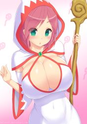 Rule 34 | 1girl, breasts, brooch, capelet, center opening, cleavage, cleavage cutout, cleric, clothing cutout, detached sleeves, dress, eyebrows, final fantasy, final fantasy v, green eyes, holding, holding staff, hood, hood up, hooded capelet, huge breasts, jewelry, kainkout, lenna charlotte tycoon, looking at breasts, pink hair, solo, square enix, staff, white mage (final fantasy), wide sleeves