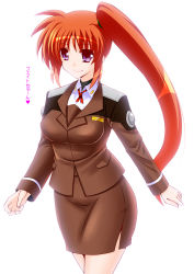 Rule 34 | 1girl, alternate costume, breasts, brown hair, brown jacket, brown skirt, brown suit, collared shirt, commentary request, engo (aquawatery), formal, hair between eyes, jacket, long hair, long sleeves, lyrical nanoha, medium breasts, neck ribbon, purple eyes, red ribbon, ribbon, shirt, side ponytail, sidelocks, simple background, skirt, skirt suit, smile, solo, suit, takamachi nanoha, translation request, walking, white background, white shirt