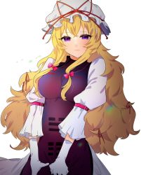 Rule 34 | 1girl, blonde hair, blush, bow, breasts, chromatic aberration, closed mouth, commentary request, dress, gloves, hair between eyes, hair bow, hair ribbon, hat, hat ribbon, highres, large breasts, lens flare, light smile, long hair, long sleeves, looking at viewer, messy hair, mob cap, necono (nyu6poko), puffy sleeves, purple eyes, purple tabard, red bow, red ribbon, ribbon, sidelocks, simple background, solo, tabard, touhou, tress ribbon, upper body, very long hair, white background, white dress, white gloves, white hat, yakumo yukari