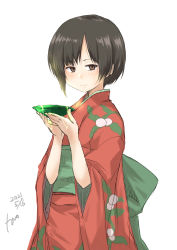 Rule 34 | 1girl, absurdres, artist name, black hair, blunt bangs, brown eyes, commentary request, cowboy shot, cup, dated, fyuo, highres, holding, holding saucer, japanese clothes, kantai collection, kimono, mushishi, one-hour drawing challenge, red kimono, renzu (mushishi), sakazuki, saucer, short hair, simple background, solo, white background