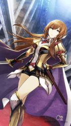 Rule 34 | 1girl, absurdres, adapted costume, alternate costume, armor, armored boots, boots, breasts, brown hair, cape, collared shirt, copyright name, cowboy shot, dutch angle, gauntlets, hair ornament, highres, huke, long hair, makise kurisu, medium breasts, necktie, official art, scabbard, sheath, shirt, short shorts, shorts, grey eyes, solo, standing, steins;gate, straight hair, sword, unsheathed, watermark, weapon